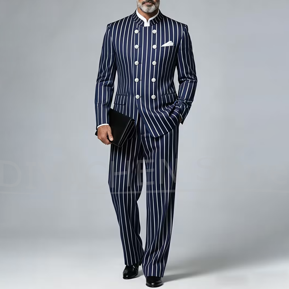 Men Formal Wear Pants - Men Striped Suit 2 Piece Mandarin