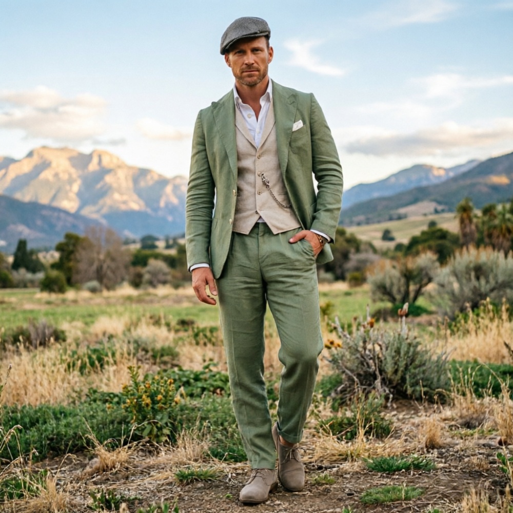 Sage Green Linen Men 3 Piece S - Men Formal Wear For Summer recensione e prezzo